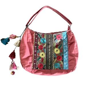 ANTIK Kraft Batik Cotton Beaded & Embroidered Tassels Shoulder Bag Purse